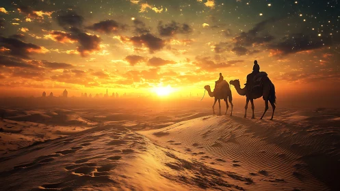 Riders on camels crossing desert dunes at sunset horizon.