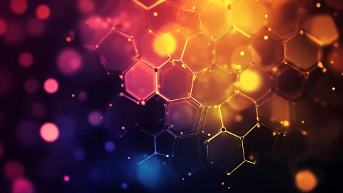Glowing hexagonal network under vivid abstract bokeh light.
