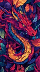 Coiled dragon illustration rendered in layered vibrant shapes