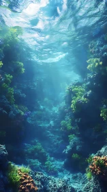 Sunlit digital reef canyon with volumetric underwater haze.