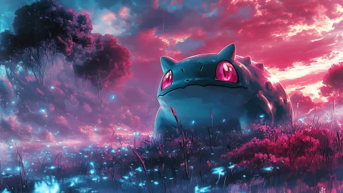 Large blue creature occupies foreground in neon forest field
