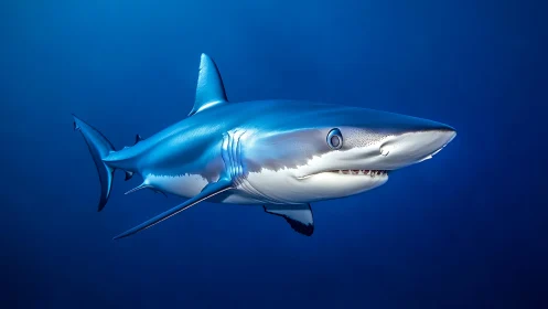 Side profile of streamlined shark in open blue water.