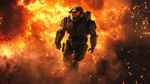 Armored firewalker strides through a storm of shrapnel.