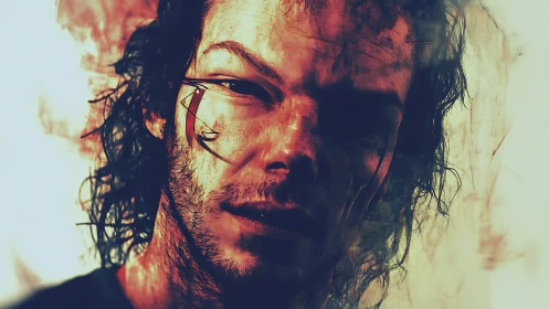 Digitally processed close-up portrait shows layered male face