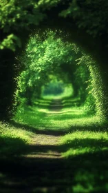Tree-lined pathway creates bright tunnel through dense green foliage
