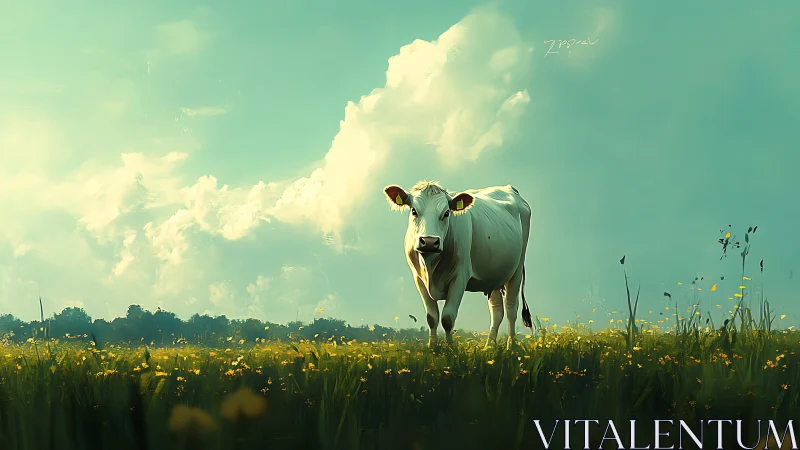 Front‑lit white cow stands centered in sunlit meadow panorama