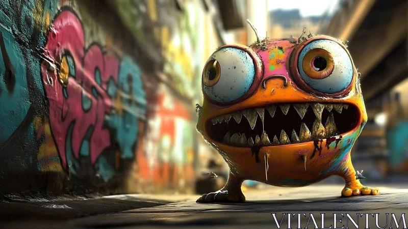 Graffiti alley gremlin grins with neon toothy menace.
