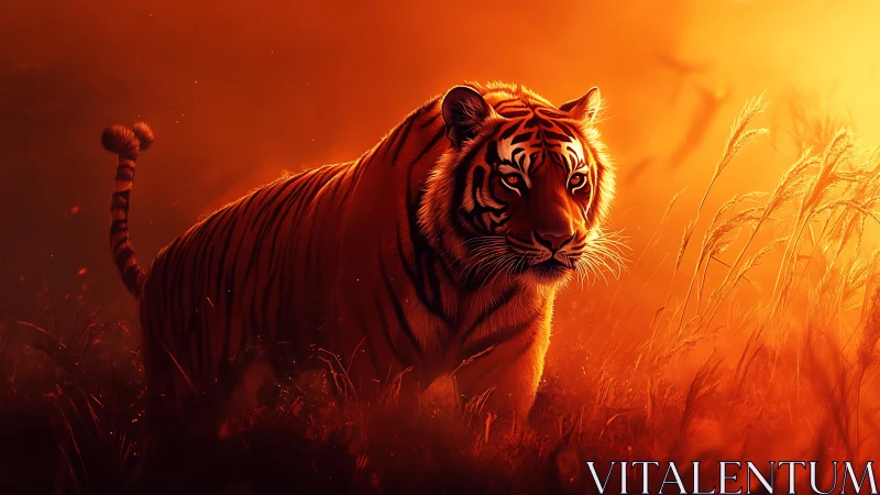 Tiger moves through tall grass under intense orange light
