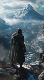 Lone cloaked wanderer overlooks vast snowy kingdom below.