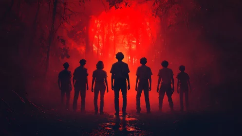 Silhouetted group stands before intense red forest light
