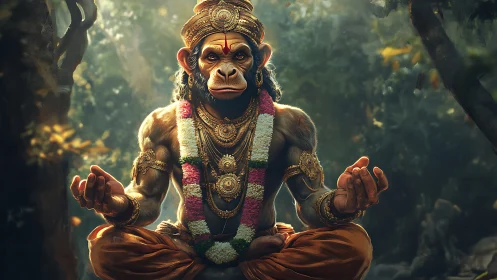 Divine monkey figure meditates in ornate forest setting.
