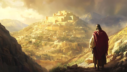 Solitary robed figure overlooking sunlit ancient hill fortress