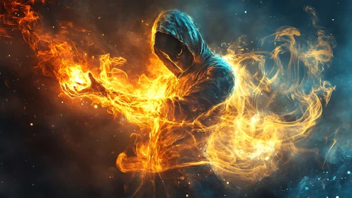 Hooded humanoid channels volumetric fire with high-energy motion