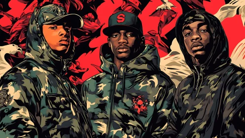 Urban trio in camo hoodies against bold red backdrop.