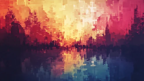 Pixel dusk forest melting into mirror-bright waterline.