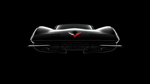 Classic black sports car front isolated on deep black background