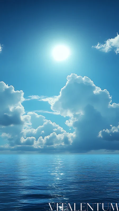 Sunlit clouds drifting above a calm open sea horizon.