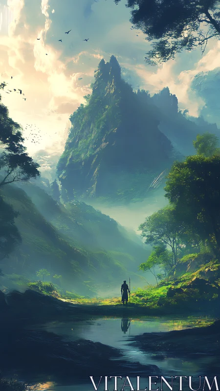 Solitary wanderer under towering misty fantasy peaks.