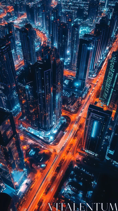 Neon-lit skyscraper city grid shows dense traffic corridors