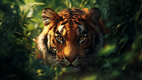 Jungle eyes burn softly as a tiger dissolves into green hush