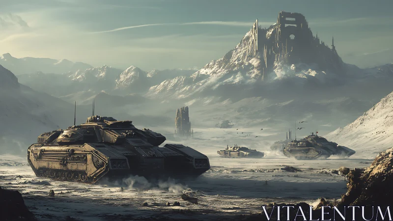 Concept art of armored convoy in frozen fortress valley.