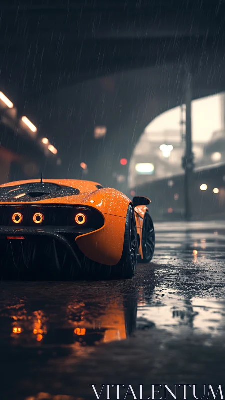 Orange supercar waits in rainy underpass with lights glowing