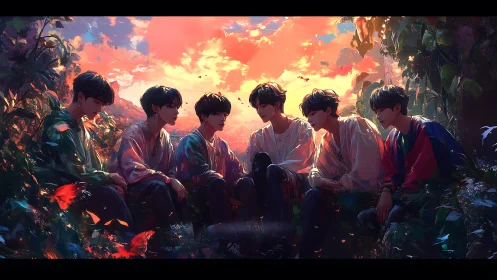 Sunset backlit youths rendered in high-saturation digital painting