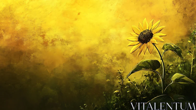 Single sunflower stands against textured yellow gradient field