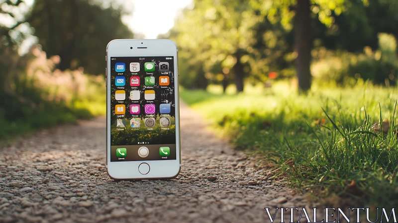 White iPhone positioned on gravel path with blurred green garden background