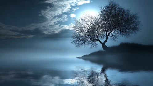 Lonely tree on misty lakeshore under bright full moon.