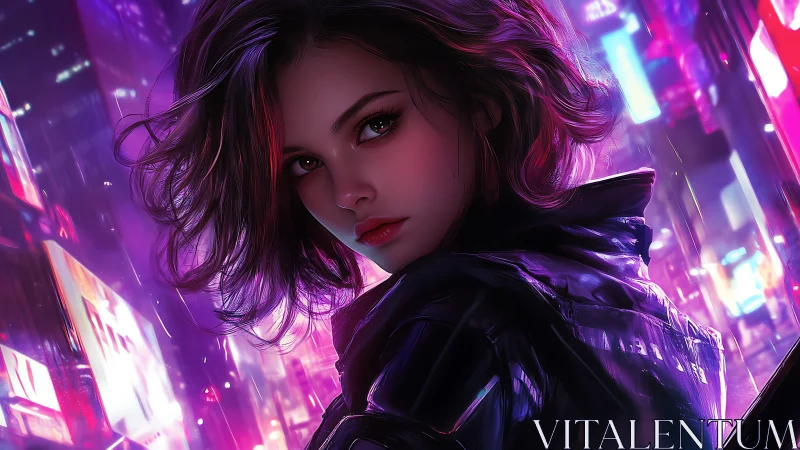 Digital portrait shows female subject in neon urban nightscape
