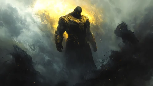 Armored dark titan emerges from blazing cosmic storm.