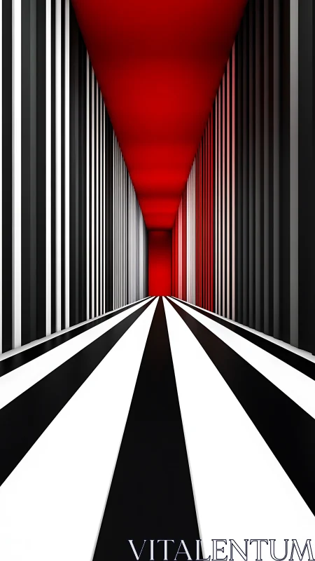 Geometric striped corridor converges toward vivid red horizon.