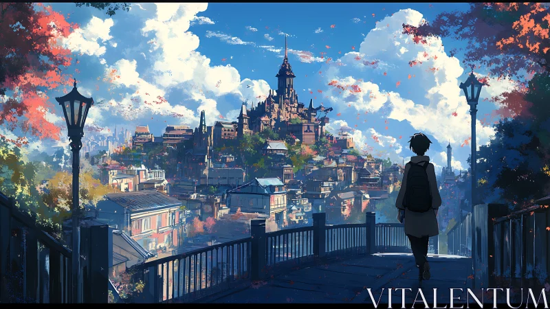 Wanderer strolls toward a sunlit hilltop city of dreams