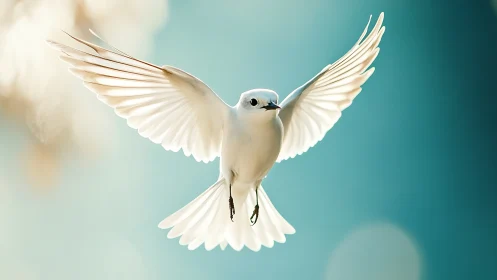 Elegant white bird in flight against soft blue background, realistic.