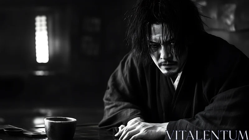 Brooding samurai rests in quiet light and deep reflection.