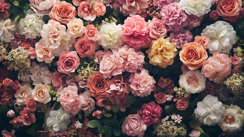 Romantic rose wall blossoms with lush layered pastel petals.