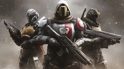 Triadic exosuit fireteam in high-grit ballistic standoff.