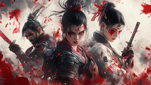 Fierce samurai trio stands united in vivid crimson storm