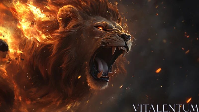 Infernal lion portrait with blazing mane and embers surging.
