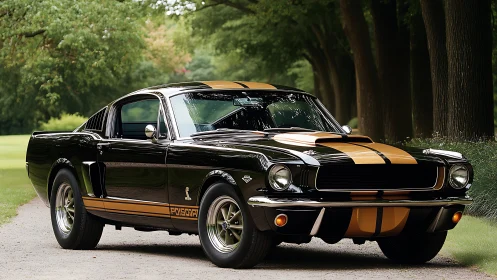 Photorealistic classic muscle car on forest lane, low-angle study.