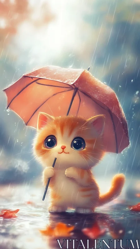 Cute Orange Kitten Holding Red Umbrella in Gentle Rainstorm