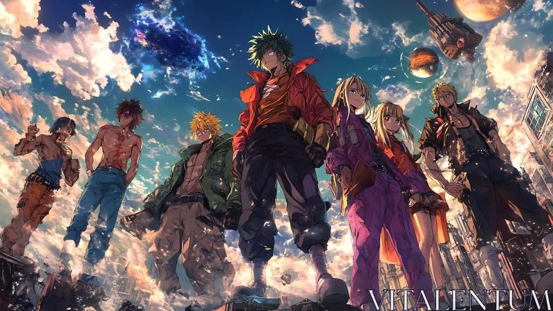 Skyline heroes gathering under a glowing cosmic horizon.