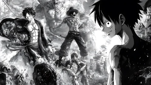 Intense monochrome anime battle collage with heroic focus.