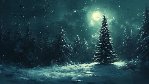 Moonlit winter fir forest glows under drifting snowfall.