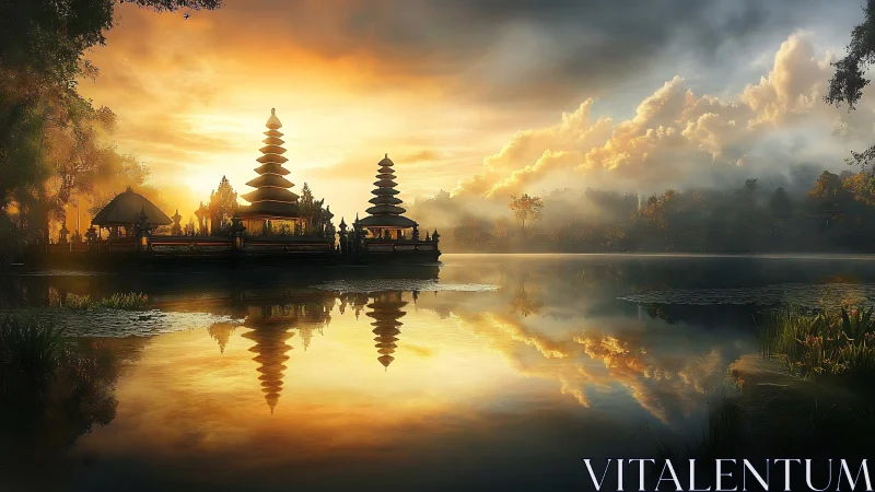 Golden temple lake at sunrise with mirrored cloud reflections.