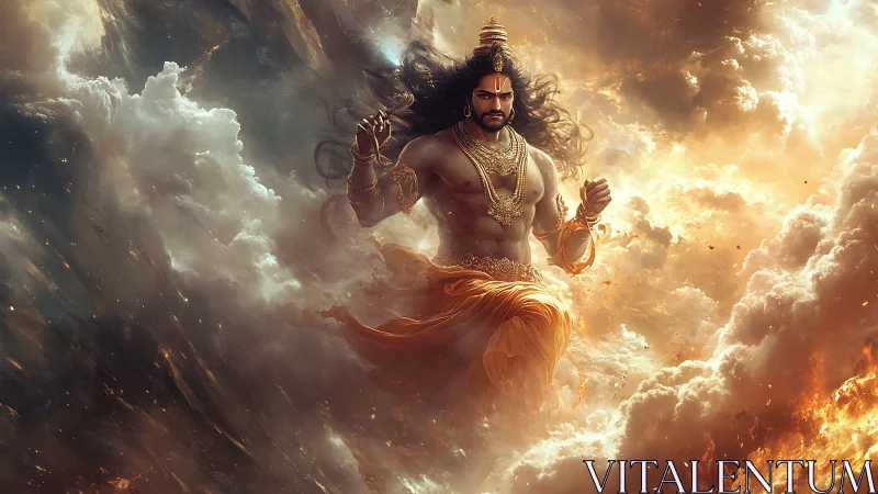 Mythic sky warrior strides through blazing storm clouds.