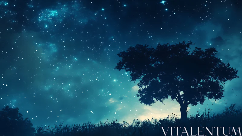 Silhouetted lone tree beneath dense starfield in cyan night sky