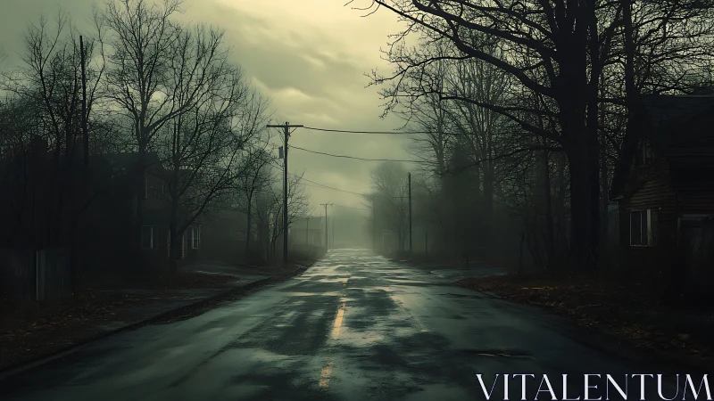 Rain-soaked ghost town street dissolving into winter fog.