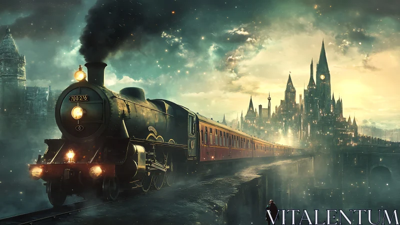 Steam train approaches glowing fantasy castle at dusk.